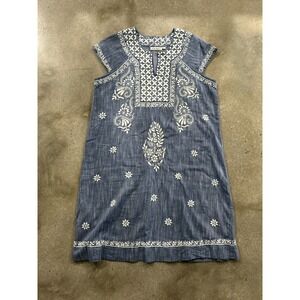 Roller Rabbit Embroidered Dress Women's Medium Blue Chambray Boho Chic Pullover